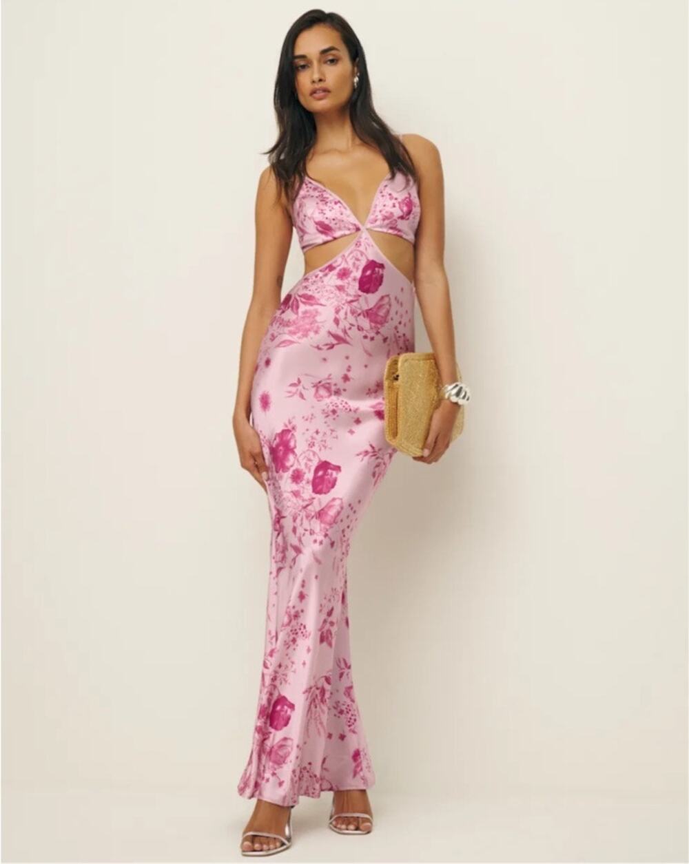 REFORMATION Pink Rose Foral Poppies Milla Cutout Button Back Silk Dress 10 NWT